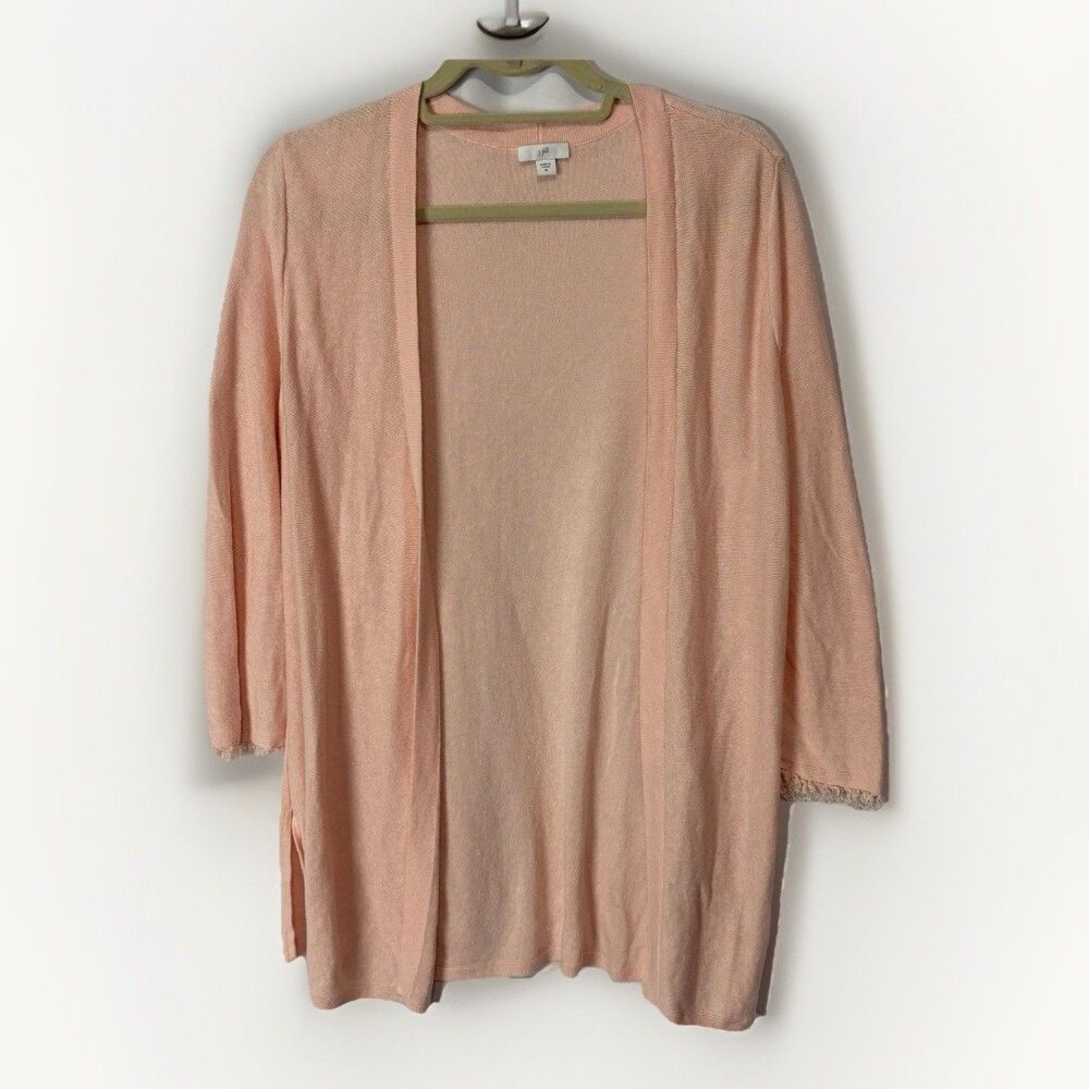 J Jill Pinkish Peach Open Front 3/4 Frayed Trim Sleeve Knit Linen Blend Tunic M